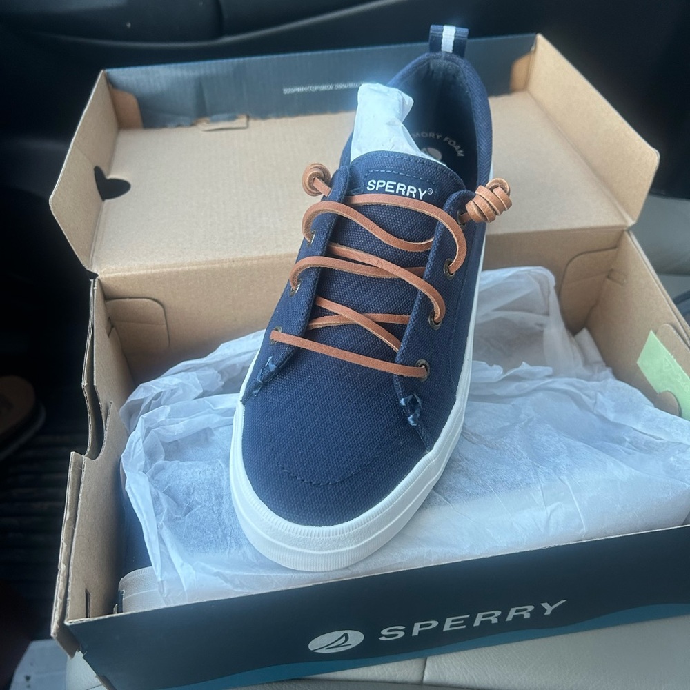 Sperry Navy Sneakers with Tan Laces